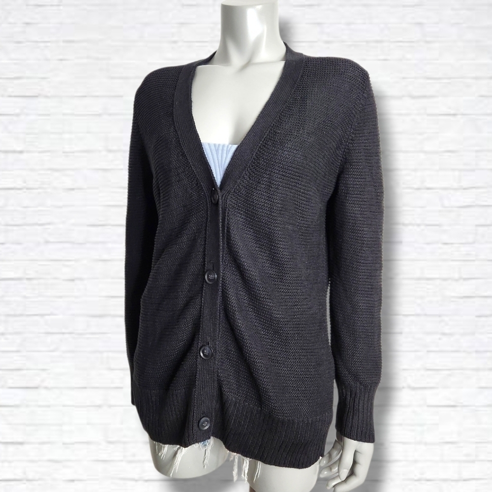 Banana Republic Black 100% Linen Open Knit V Neck Button Cardigan Size L